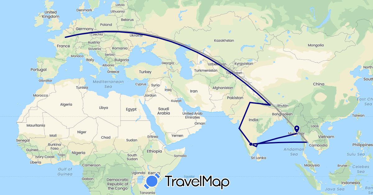 TravelMap itinerary: driving, plane in France, India, Myanmar (Burma), Nepal, Thailand (Asia, Europe)